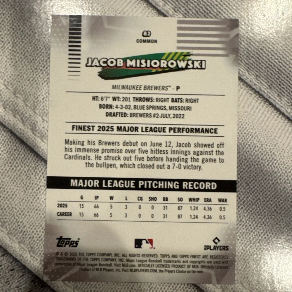 Jacob Misiorowski 2026 Topps Finest #82 Common RC Brewers